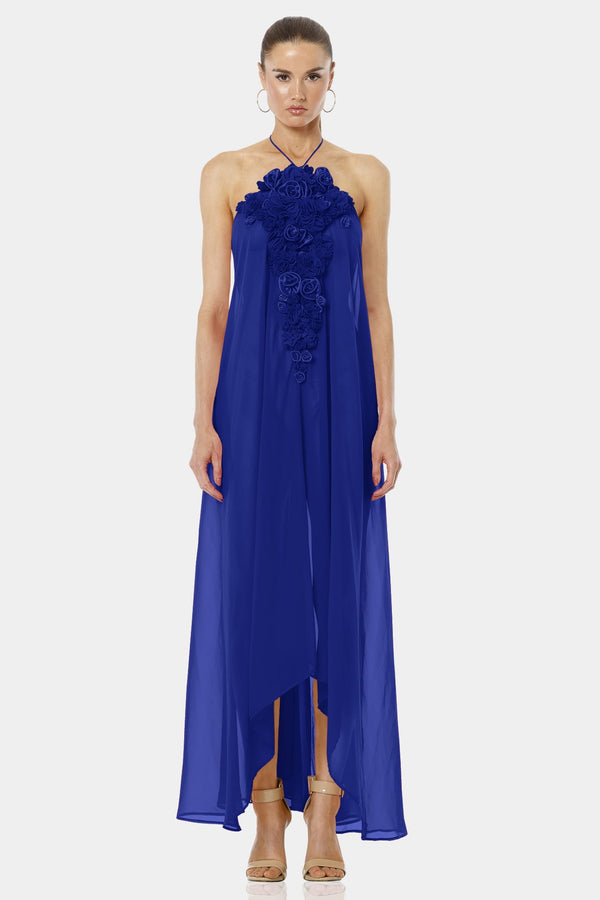 Architect's House Royal Blue Long Sheer Dress With 3D Roses Neckline