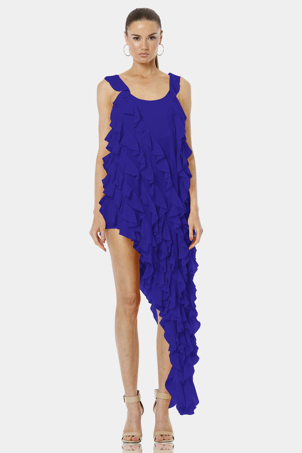 Carmen Blue Short Sleeveless Ruffle Dress With Long Overlay