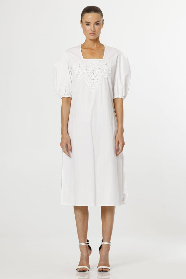 Butterfly White Cotton Dress with Square Neckline