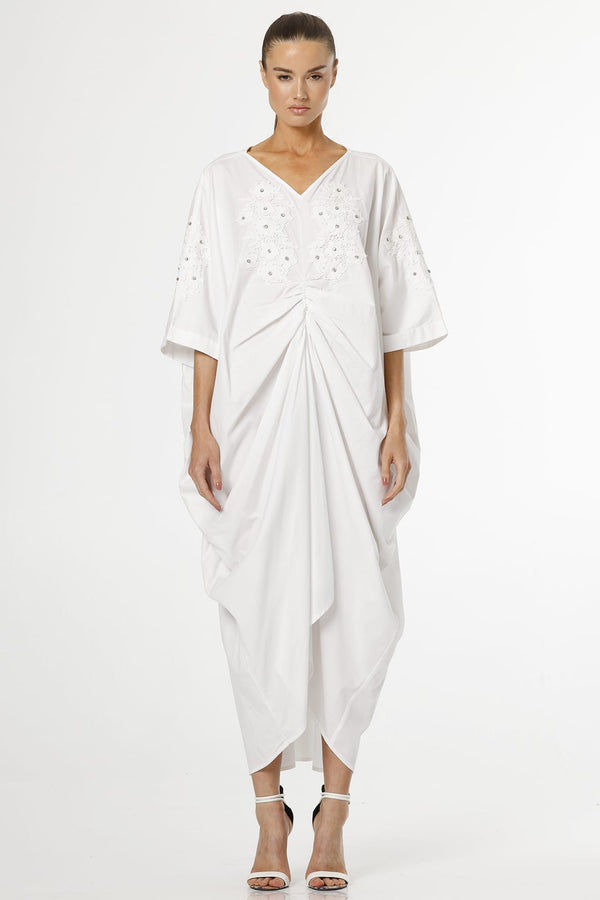Daria Residence Cotton White Dress with 3D Floral Applique