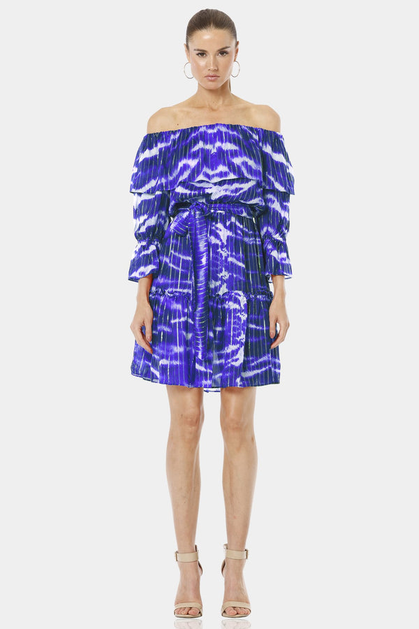 Erosantorini Blue Printed Off Shoulder Mini Dress