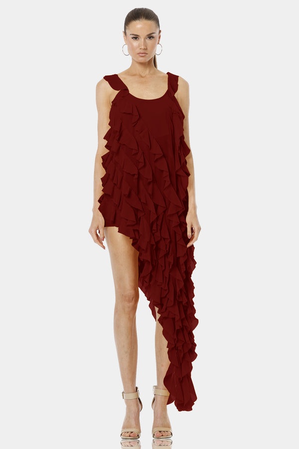 Carmen Maroon Midi Dress With Long Overlay
