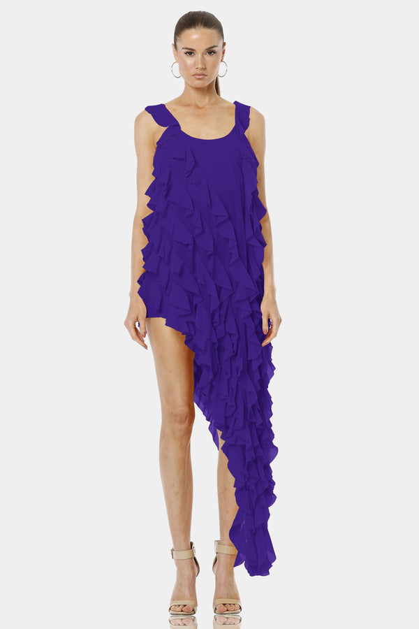 Carmen Purple Short Midi Dress With Asymmetrical Layers