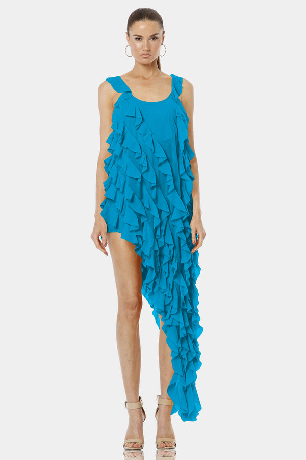 Carmen Cobalt Turquoise Ruffle Dress With Long Overlay