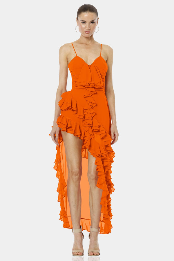 Gitsa Cliff Saffron Orange Asymmetrical Layered Dress With Strappy Design