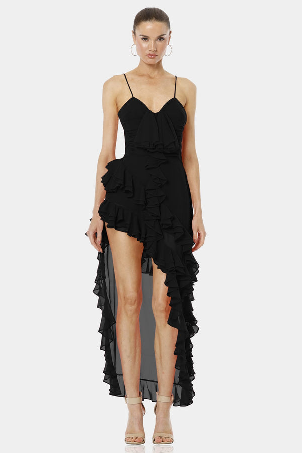 Gitsa Cliff Dark Black Flirty High Low Asymmetrical Dress