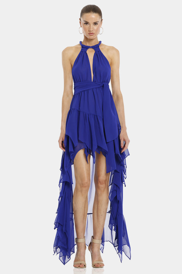 Psarou Royal Blue Plunged Neckline Dress
