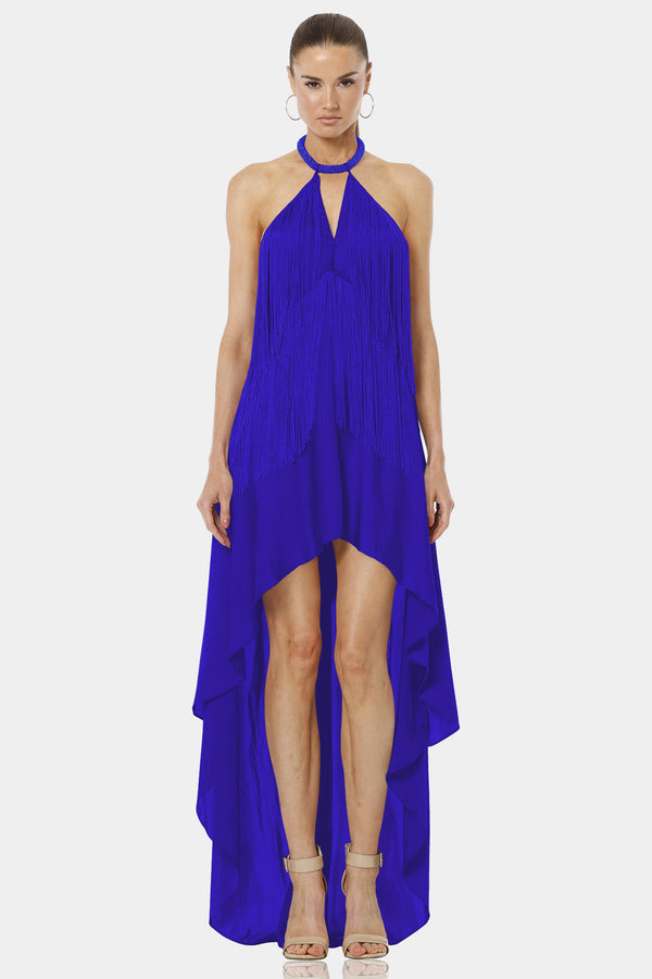 Carmina Bold Blue Maxi Dress With Long Fringe