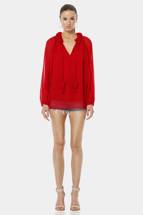 Spicy Red Ruffle Neckline Top With Elegant Puff Sleeves