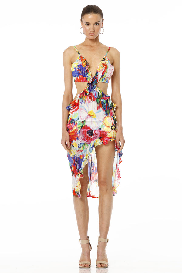 Alba Short Multicolor Floral Side Cut Out Dress