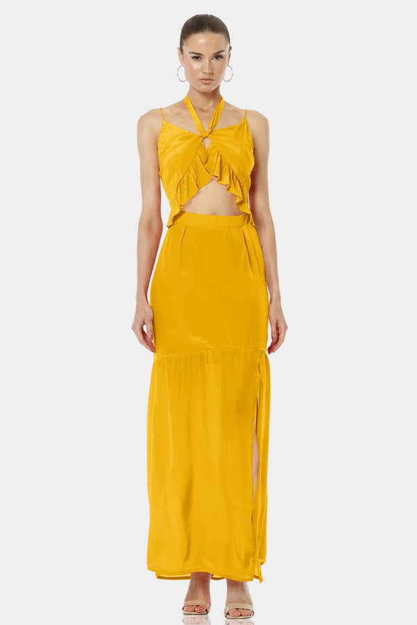 Oceania Silk Mustard Yellow Dress With Front Slit