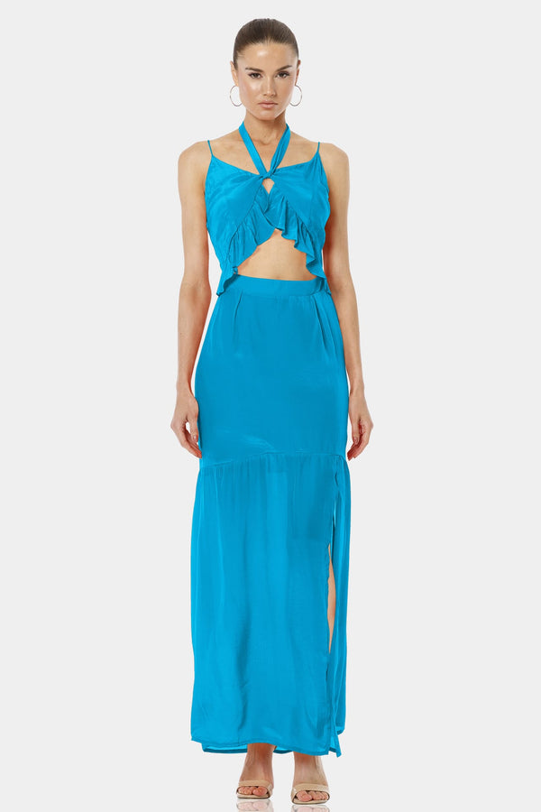 Oceania Turquoise Side Split Dress With Halter Neckline
