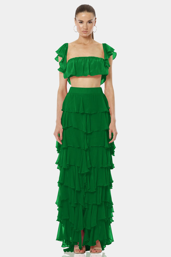 Almyra Emerald Green Vacation Wear Ruffle Skirt