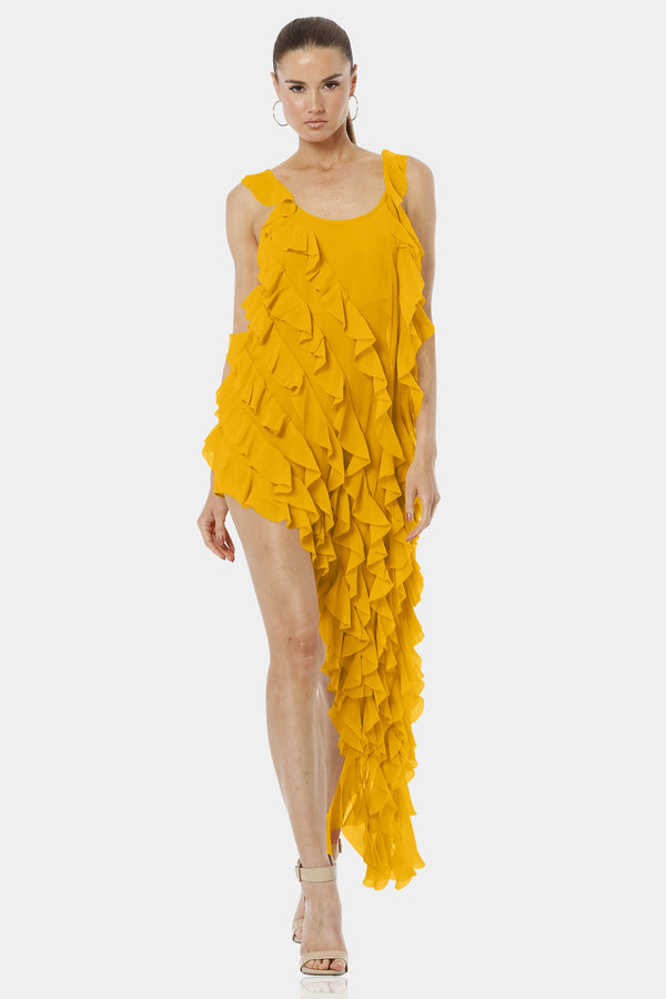 Carmen Mustard Yellow Viscose Silk Chiffon Dress