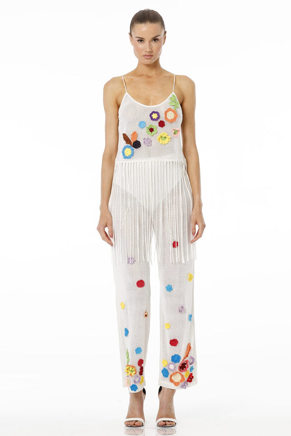 White Jumpsuit With Floral Thread Embroidery