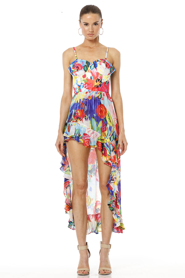 Melia High Low Multicolor Floral Print Sleeveless Chiffon Dress