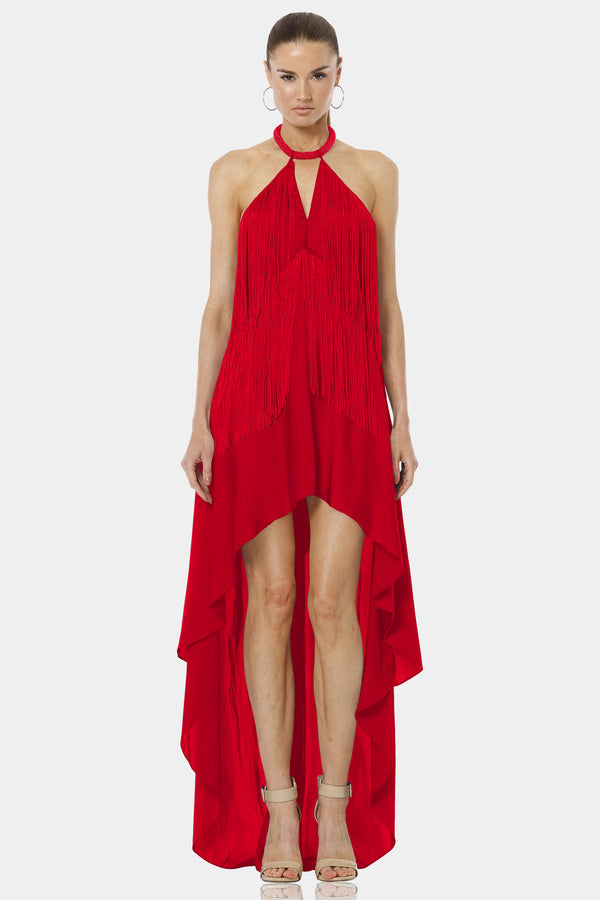 Carmina Fiery Red Backless Dress With Halter Neckline
