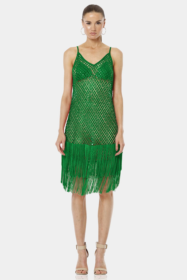 Green Midi Dress With Long Fringe