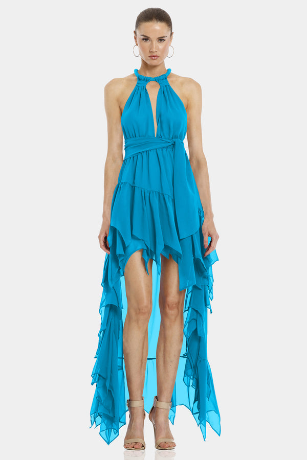 Psarou Tempest Turquoise High Low Maxi Dress
