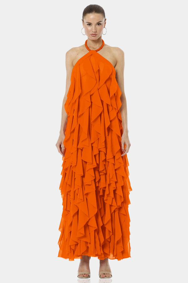 Sunset Orange Long Tiered Halter Neck Ruffle Dress