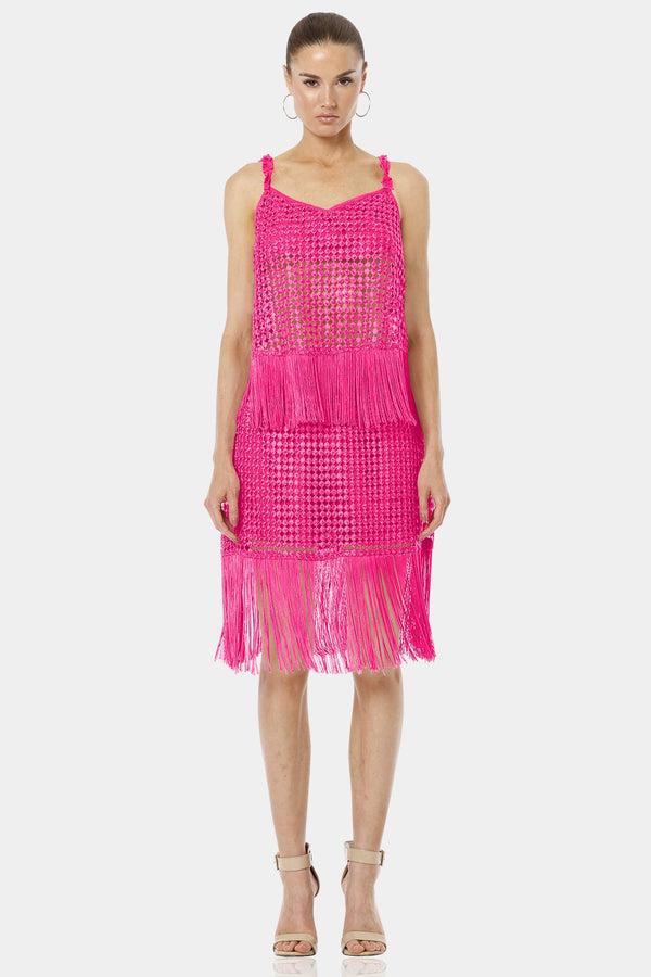 Hot Pink Knit Fringe Sequin Dress