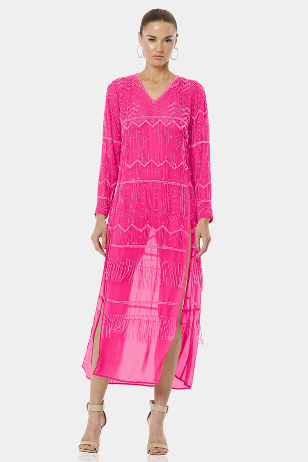 Royal Hot Pink Dress with Fringe Accents
