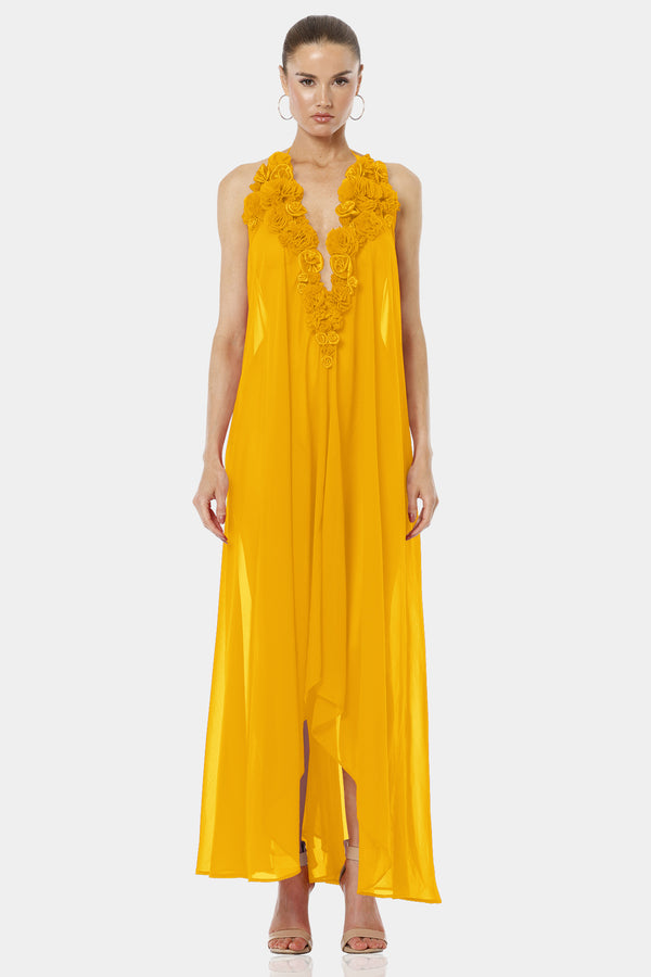 Architect's House Mustard Yellow Flowy Maxi Dress With 3D Flowers