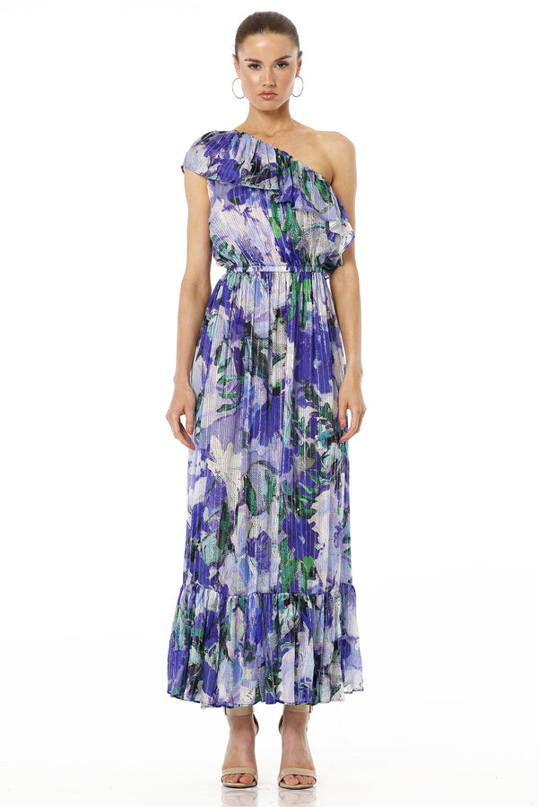 Blue Magic One Shoulder Floral Maxi Dress with Ruffle Neckline