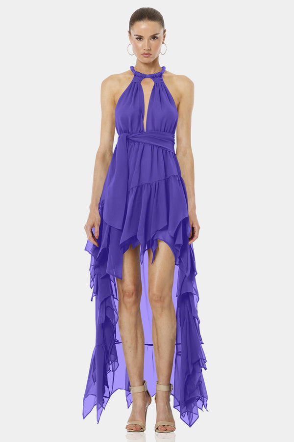 Psarou Lavender Asymmetric Ruffled Silk-Chiffon Dress