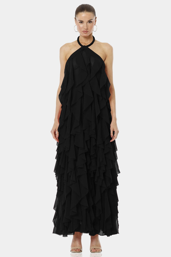 Black Tiered Halter Neckline Dress