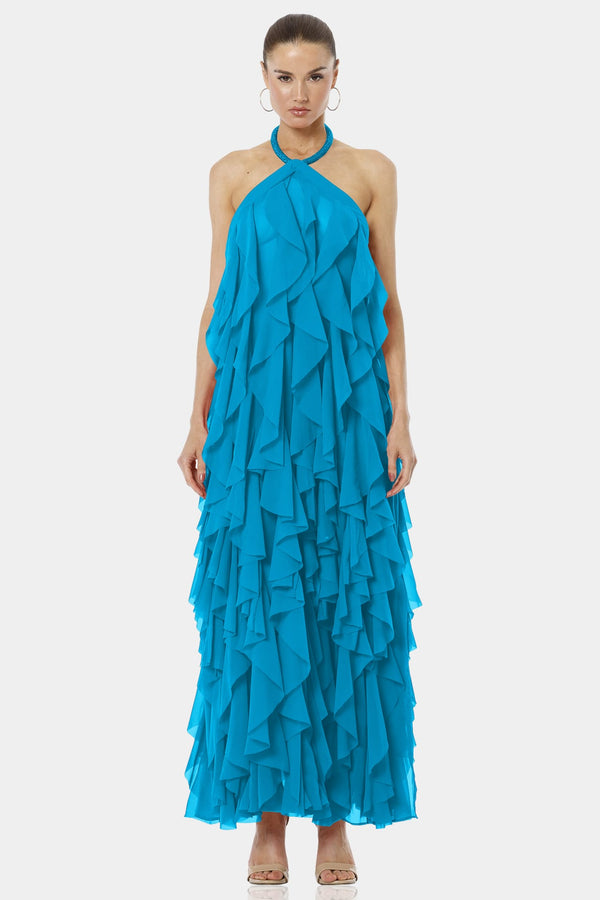 Turquoise Long Ruffle Maxi Dress With Dramatic Backless Look