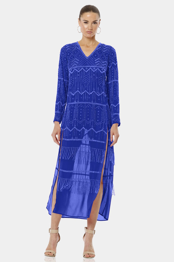 Royal Blue Long Sequin High Split Dress With Long Sleeves