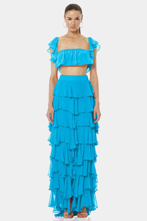 Almyra Turquoise Long Ruffle Maxi Skirt