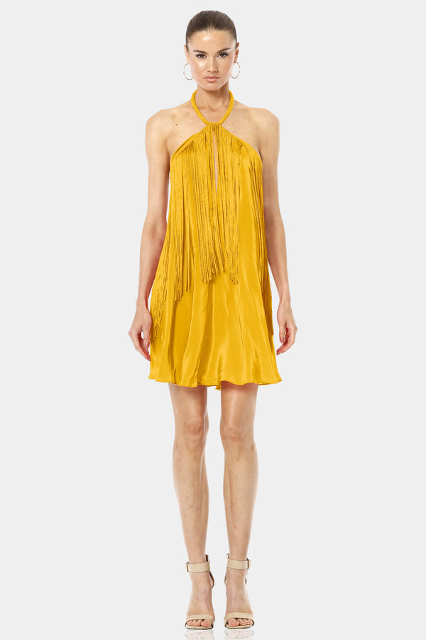 The Cave Mustard Yellow Backless Dress With Halter Neckline & Fringe