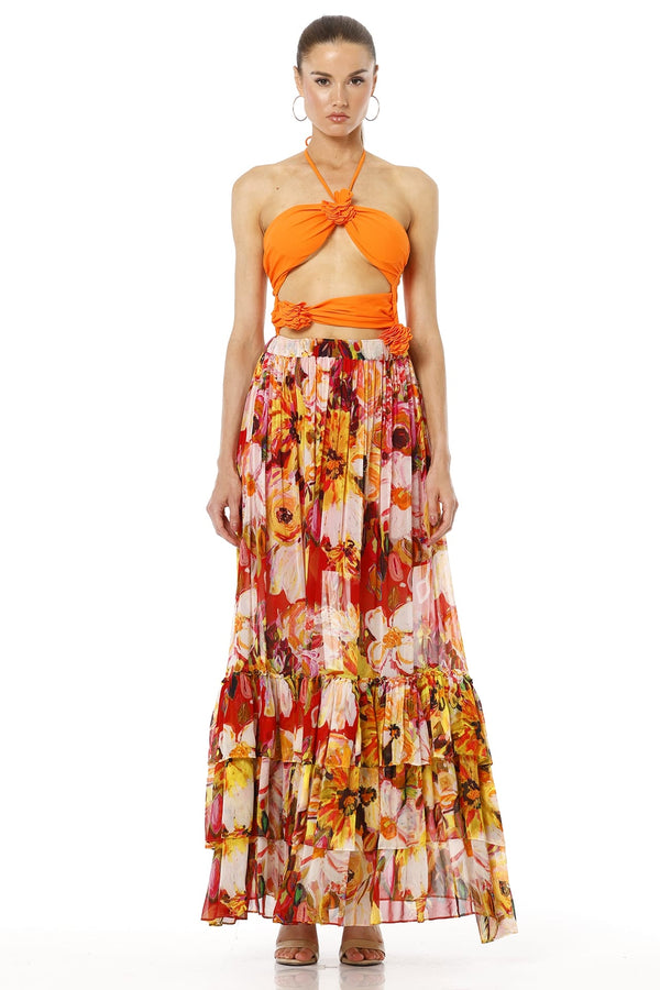 Aello Long Floral Printed Tiered Maxi Skirt