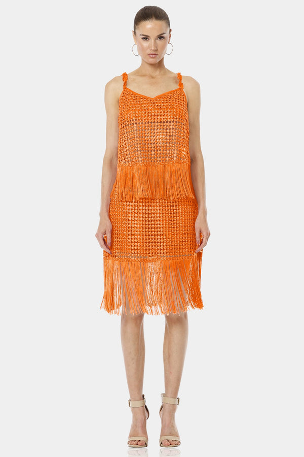 Orange Sequin Embellished Skirt With Moving Fringe