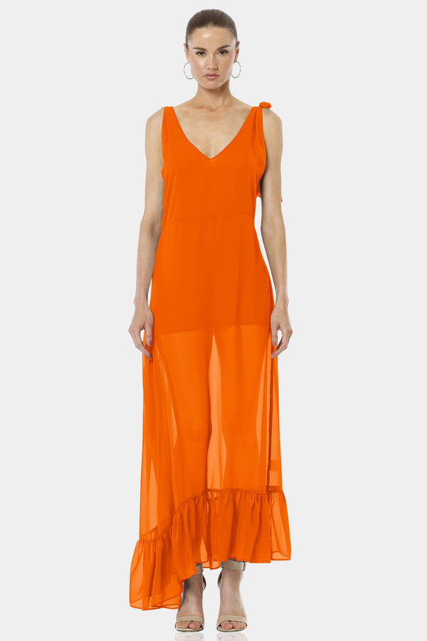 Garden Brunt Orange Ruffle Hem Sheer Maxi Dress
