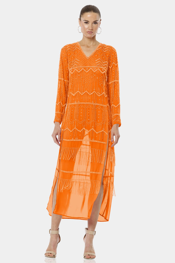 Royal Saffron Orange High Split Dress With Shining Sequin