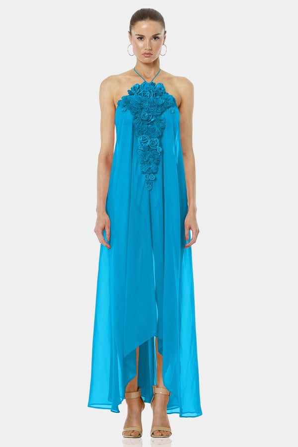 Architect's House Bright Turquoise Sheer Maxi Dress With Stunning 3D Roses