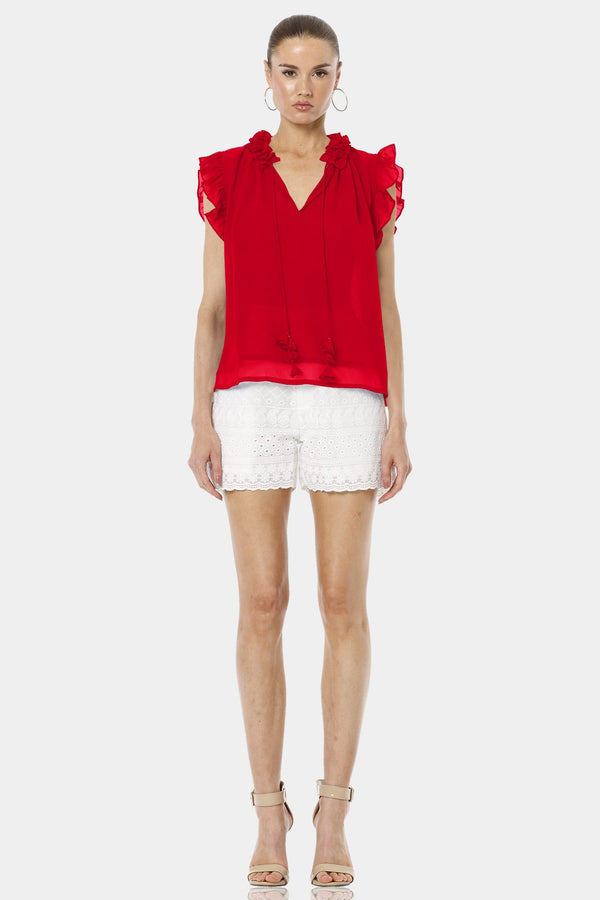 Aphrodite Red Short Top With Ruffle Sleeveless Design