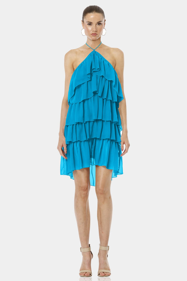 Turquoise Ruffle Mini Dress With Hot Backless Look