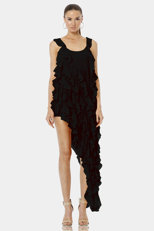 Carmen Short Sleeveless Black Ruffle Dress with Long Overlay