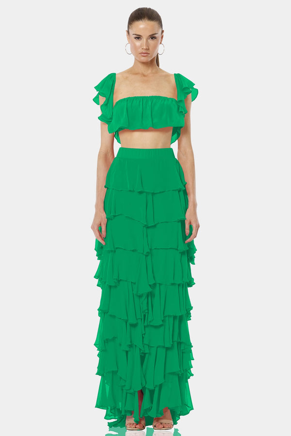 Almyra Amazon Green Long Ruffle Skirt