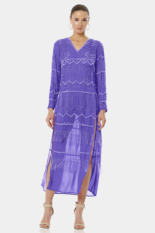 Royal Lavender Swirl Fringe Flair Long Side Split Dress