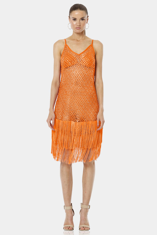 Sunset Orange Sequin Midi Dress With Strappy Design
