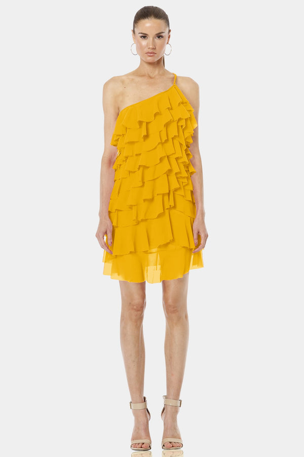 Starlight Mustard Yellow Bloom One Shoulder Ruffle Dress