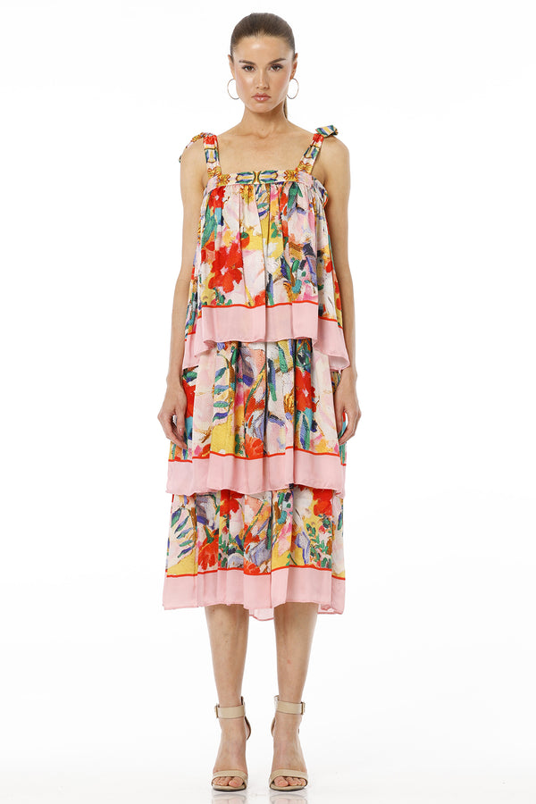 Adoria Short Multicolor Tiered Sleeveless Ruffle Midi Dress