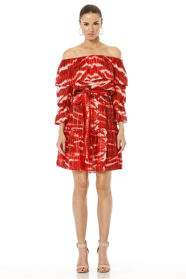 Erosantorini Red Belted Short Ruffle Neckline Dress with Quarter Sleeves