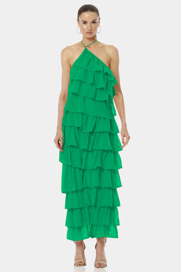 Atalanta Amazon Green Long Ruffle Dress