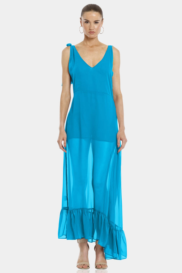Garden Turquoise Long Sheer Dress With Sleeveless Design